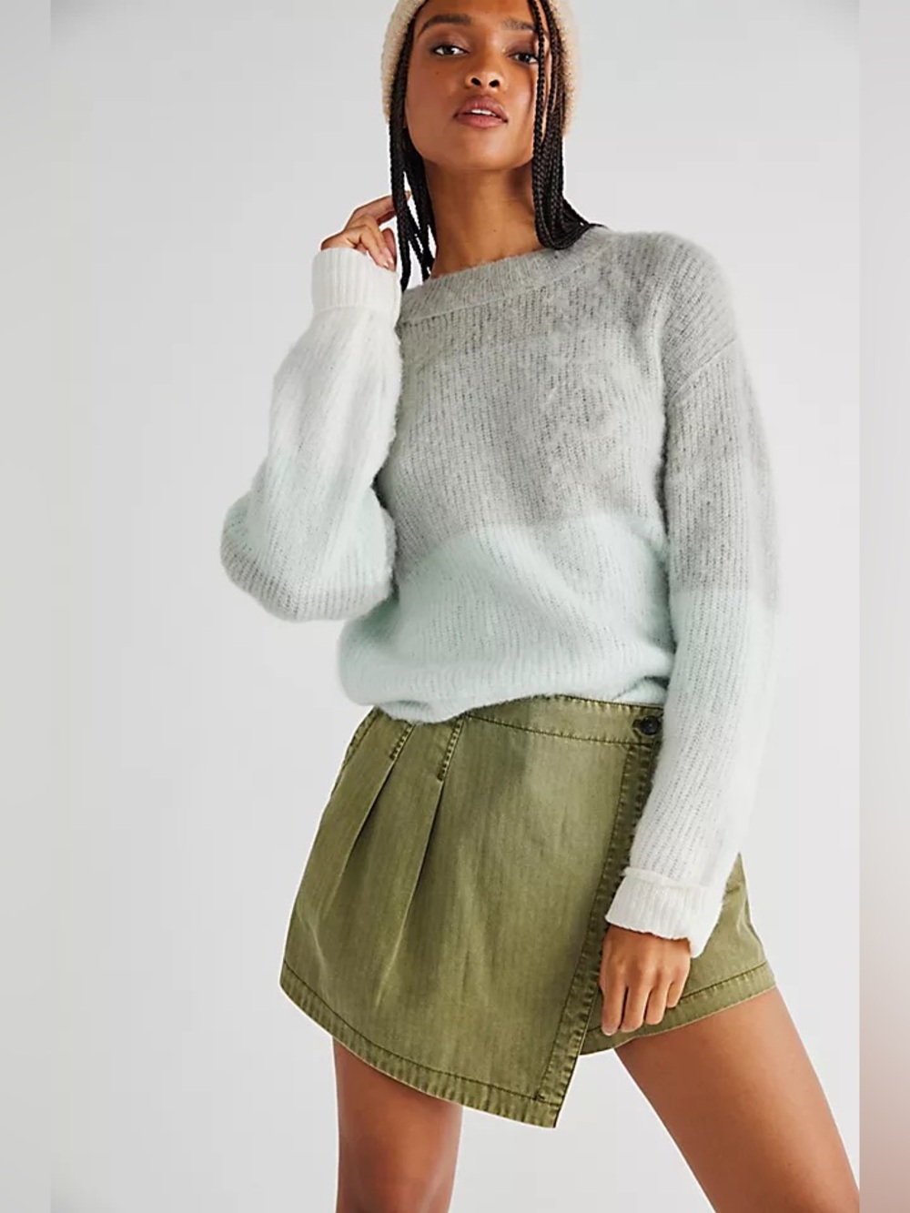 Free People Autumn Sky Pullover Pastel Mint Green Stripe Wool Blend Sweater Lg